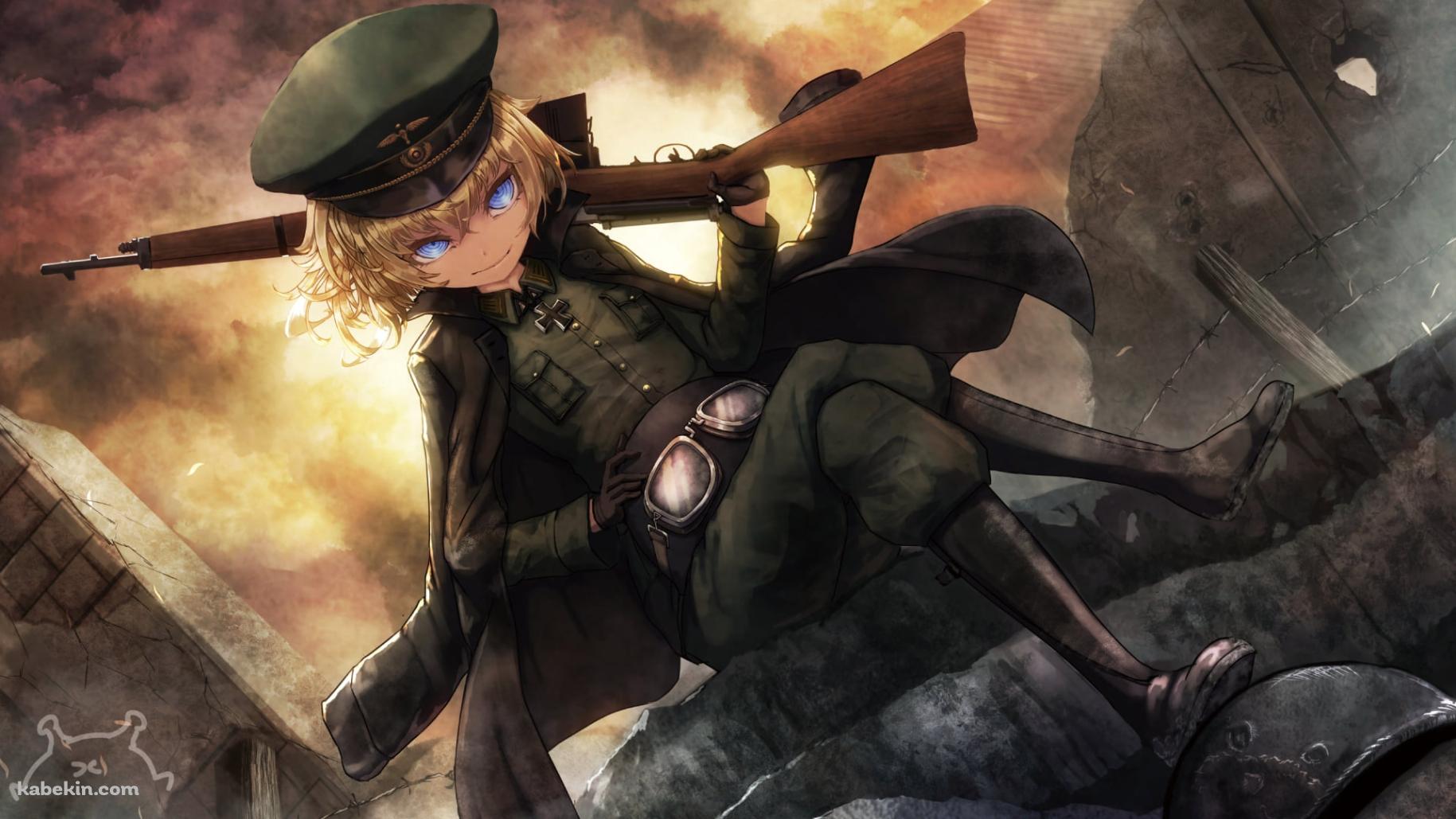 座って銃を肩にかけるターニャ・デグレチャフの壁紙(1829px x 1029px) 高画質 PC・デスクトップ用