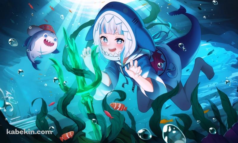 海の中で泳ぐがうる・ぐらとブループ / 熱帯魚 / 海藻 / ホロライブ / バーチャルYouTuber / Vtuberの壁紙(800px x 480px) 高画質 PC・デスクトップ用