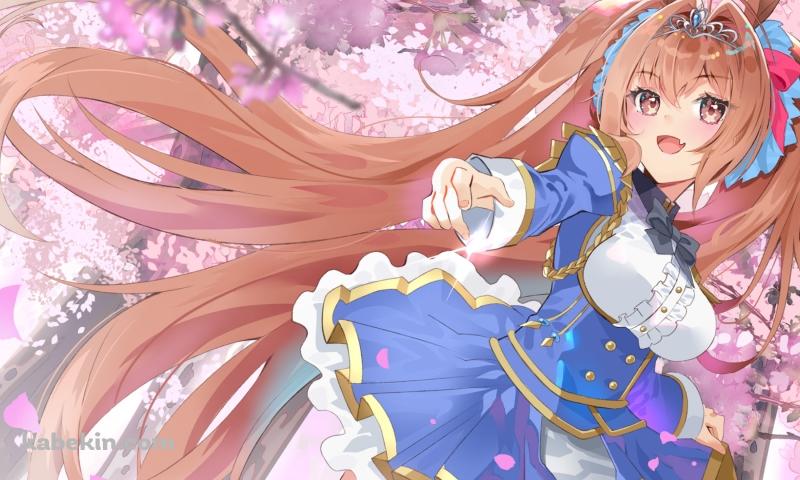 桜の花と笑顔のダイワスカーレット / 青い勝負服 / ウマ娘プリティーダービーの壁紙(800px x 480px) 高画質 PC・デスクトップ用