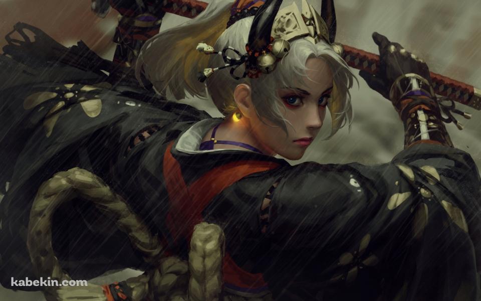 雨の中、日本刀を構えるかっこいい女侍 / 黒い着物の壁紙(960px x 600px) 高画質 PC・デスクトップ用