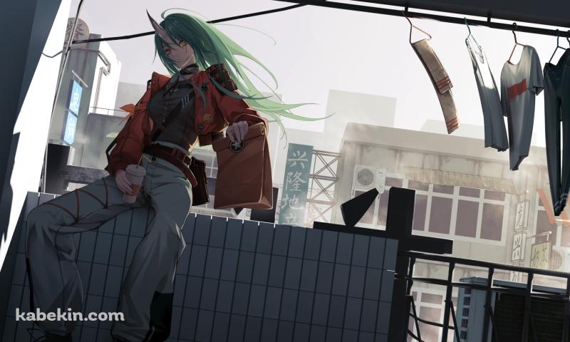 マンションのベランダに座るホシグマ / 洗濯物 / アークナイツの壁紙(800px x 480px) 高画質 PC・デスクトップ用