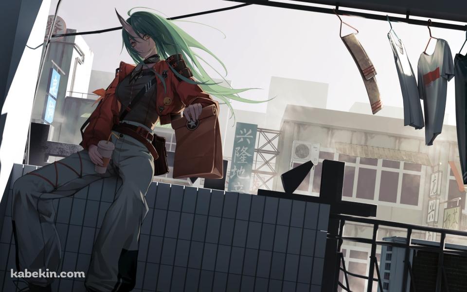 マンションのベランダに座るホシグマ / 洗濯物 / アークナイツの壁紙(960px x 600px) 高画質 PC・デスクトップ用