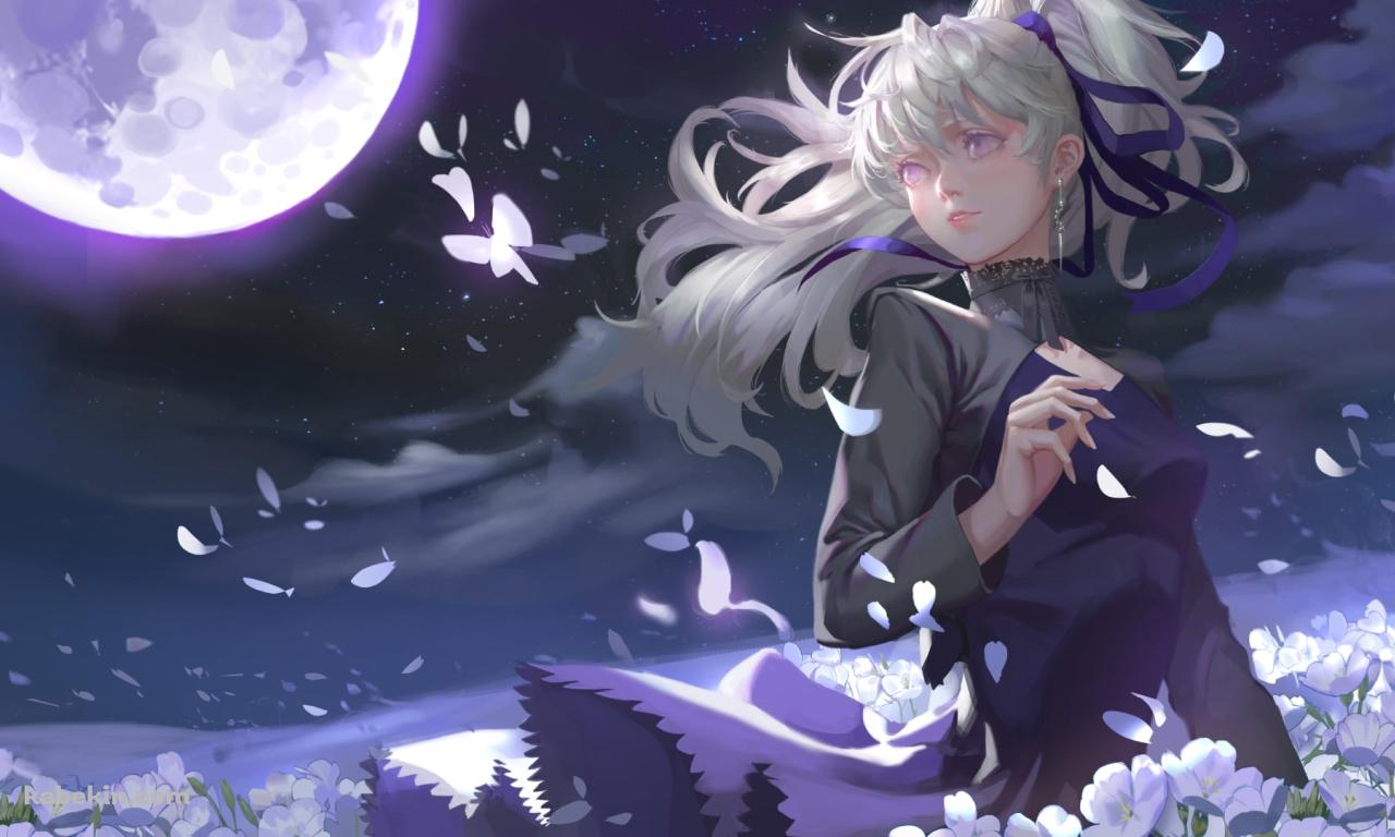 白い花畑に佇む銀 / 満月 / 黒の契約者の壁紙(1280px x 768px) 高画質 PC・デスクトップ用