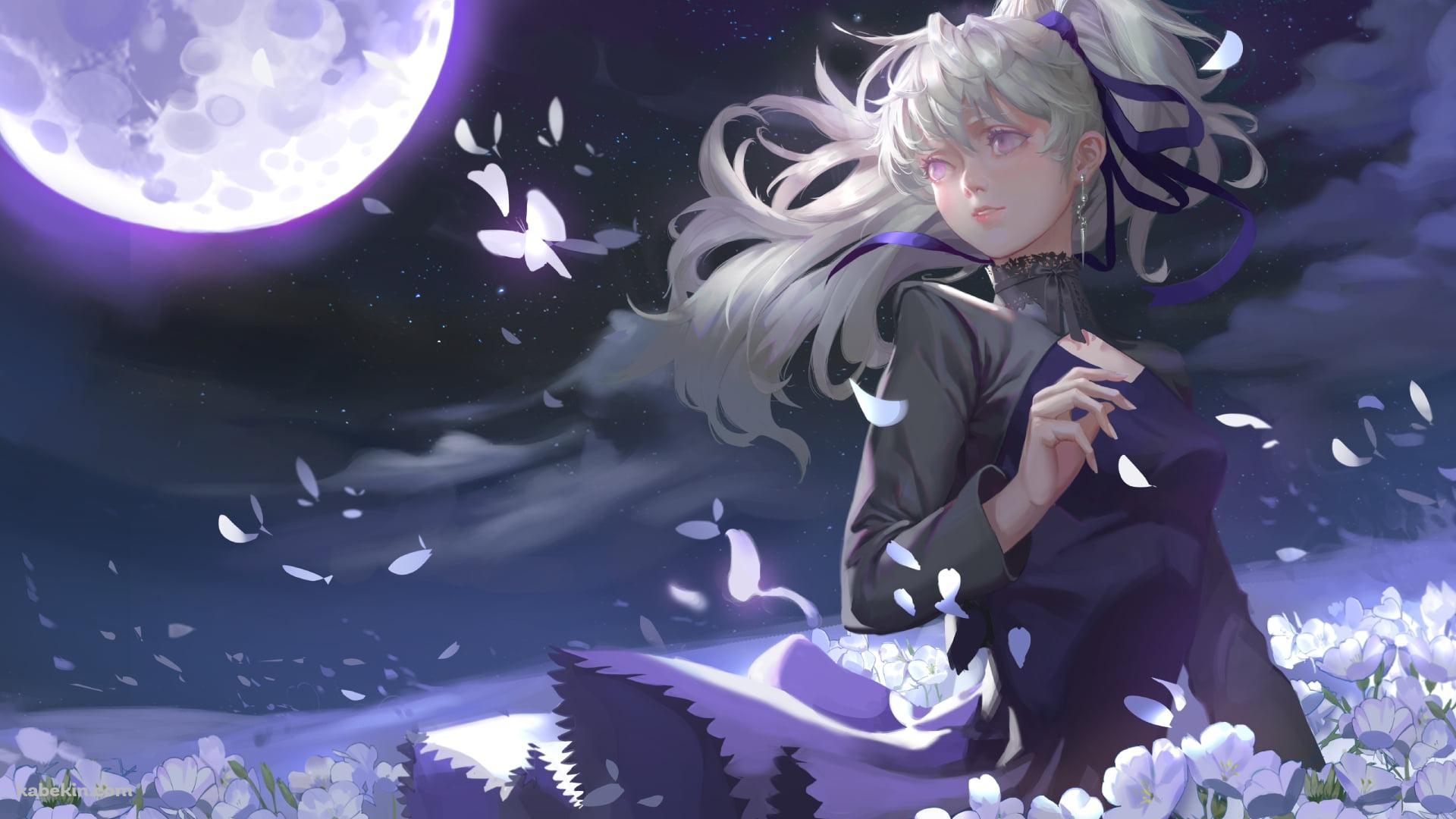 白い花畑に佇む銀 / 満月 / 黒の契約者の壁紙(1920px x 1080px) 高画質 PC・デスクトップ用