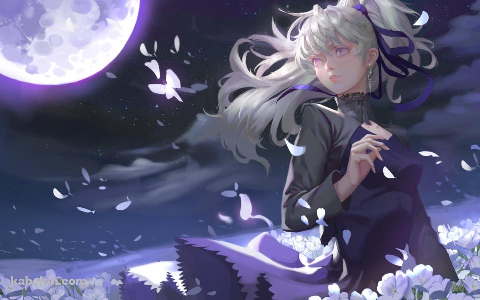 白い花畑に佇む銀 / 満月 / 黒の契約者の壁紙(960px x 600px) 高画質 PC・デスクトップ用