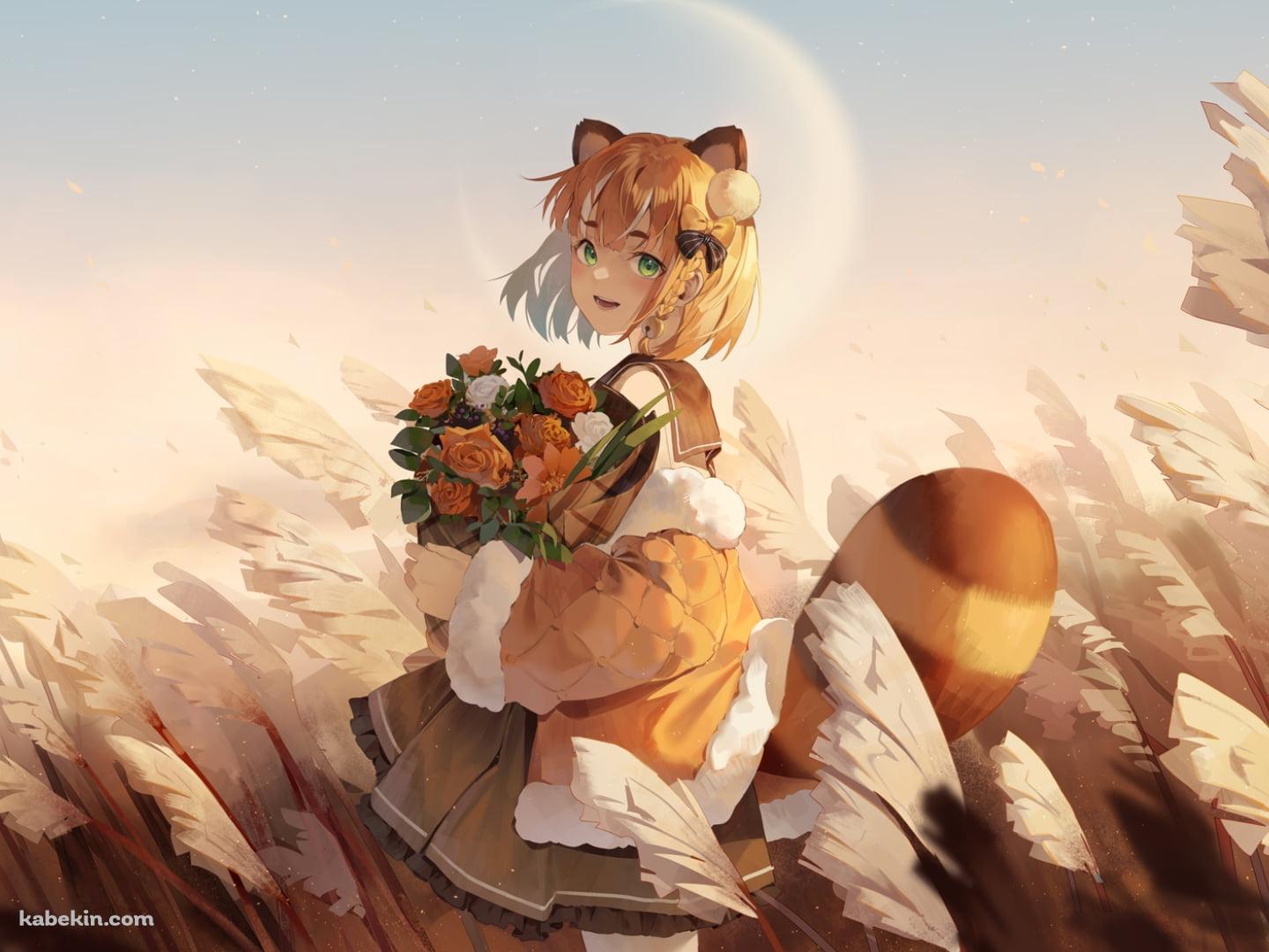 ピンクの薔薇の花束を持ち笑顔の艾露露 / バーチャルYouTuberの壁紙(1440px x 1080px) 高画質 PC・デスクトップ用