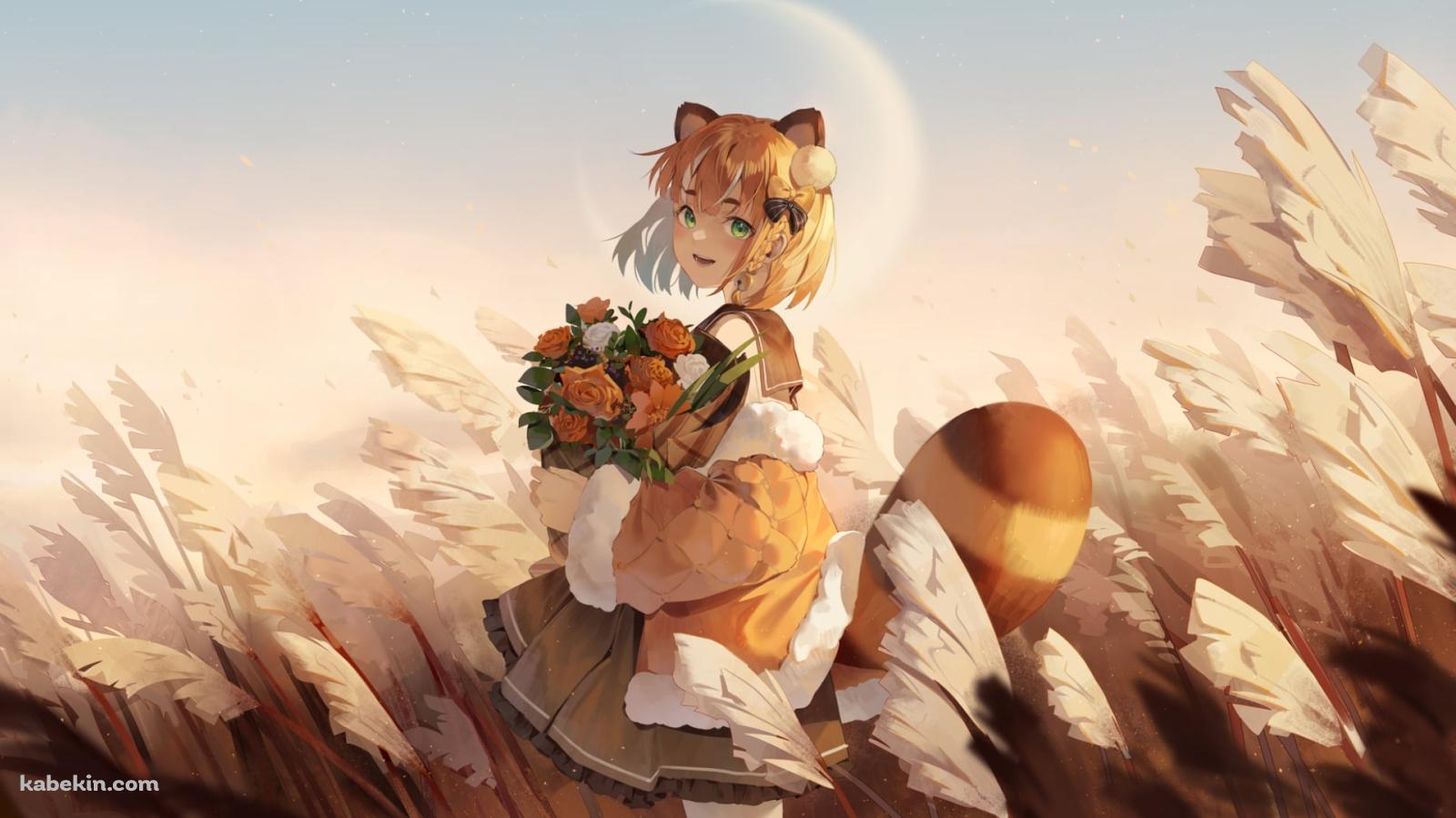 ピンクの薔薇の花束を持ち笑顔の艾露露 / バーチャルYouTuberの壁紙(1600px x 900px) 高画質 PC・デスクトップ用