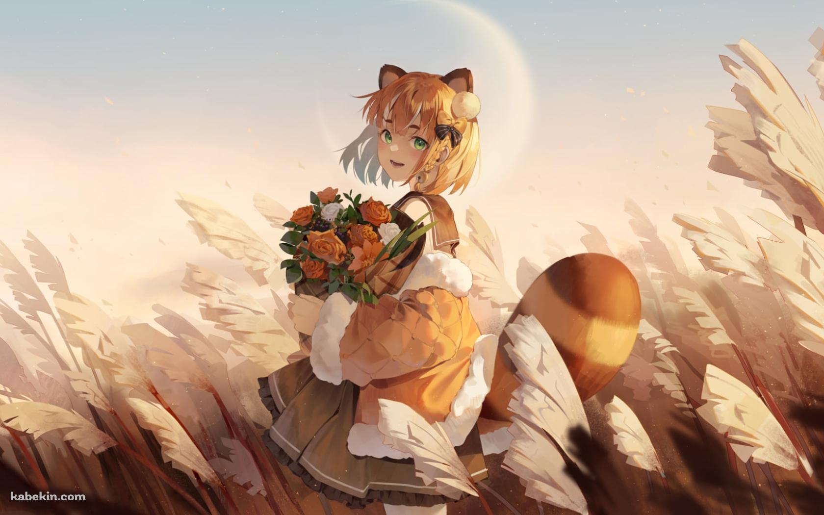 ピンクの薔薇の花束を持ち笑顔の艾露露 / バーチャルYouTuberの壁紙(1680px x 1050px) 高画質 PC・デスクトップ用