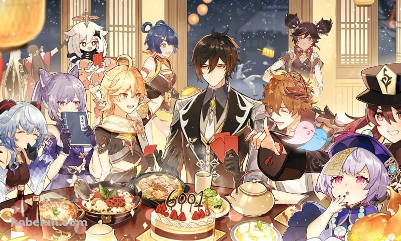 メンバー一同での会食・パーティー / 甘雨、刻晴、胡桃、鍾離、タルタリヤ、パイモン、凝光、七七、空、北斗、香菱、重雲、辛炎 / 原神の壁紙(800px x 480px) 高画質 PC・デスクトップ用