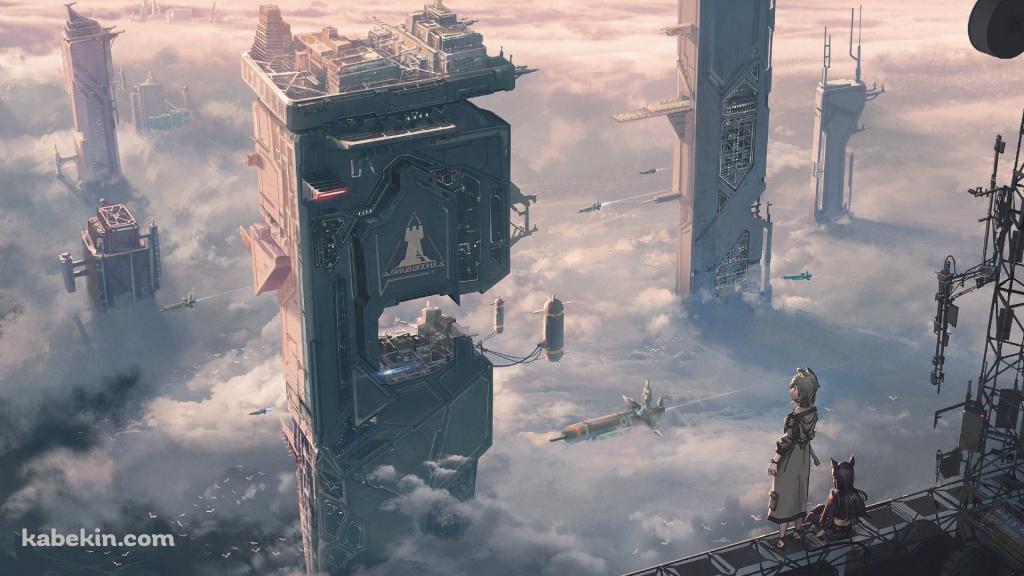 高所から下界を見下ろすケルシーとドーベルマン / アークナイツの壁紙(1024px x 576px) 高画質 PC・デスクトップ用