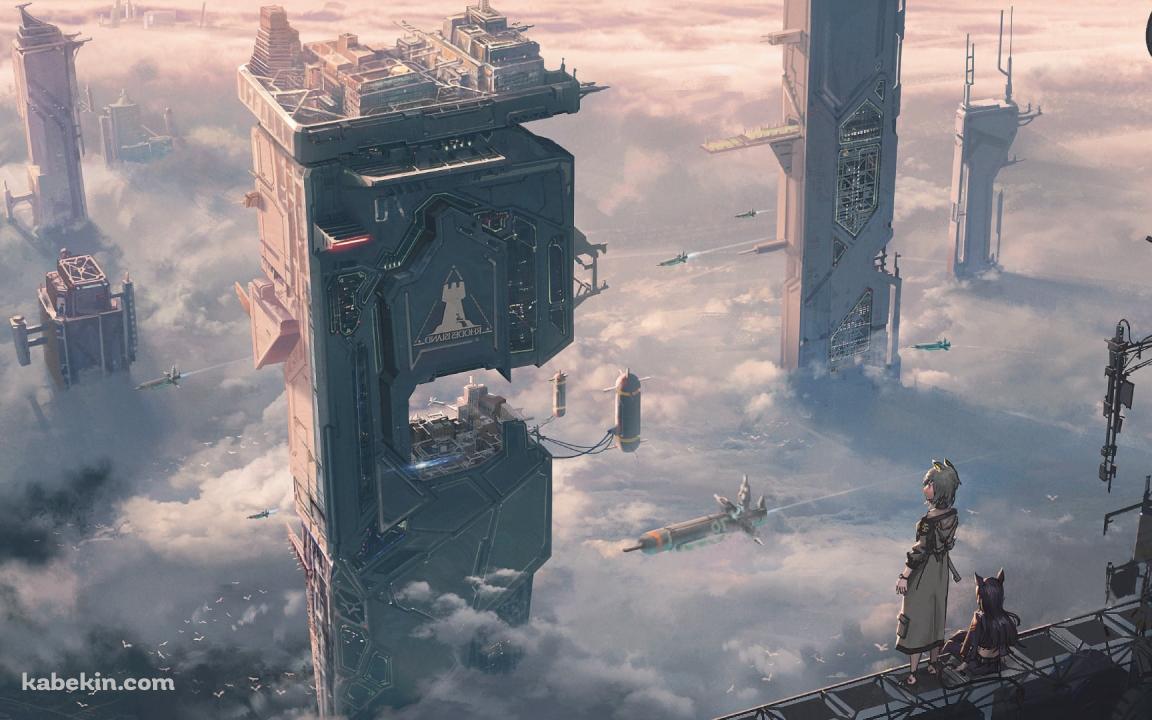 高所から下界を見下ろすケルシーとドーベルマン / アークナイツの壁紙(1152px x 720px) 高画質 PC・デスクトップ用