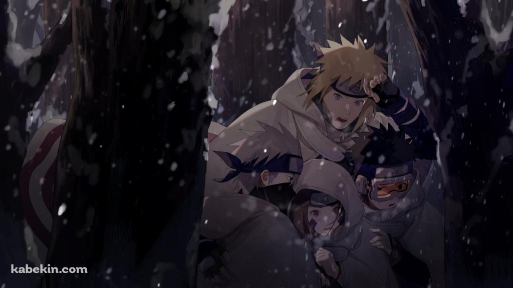 雪が降る中、うずくまる波風ミナト / はたけカカシ / うちはオビト / のはらリン / NARUTOの壁紙(1024px x 576px) 高画質 PC・デスクトップ用