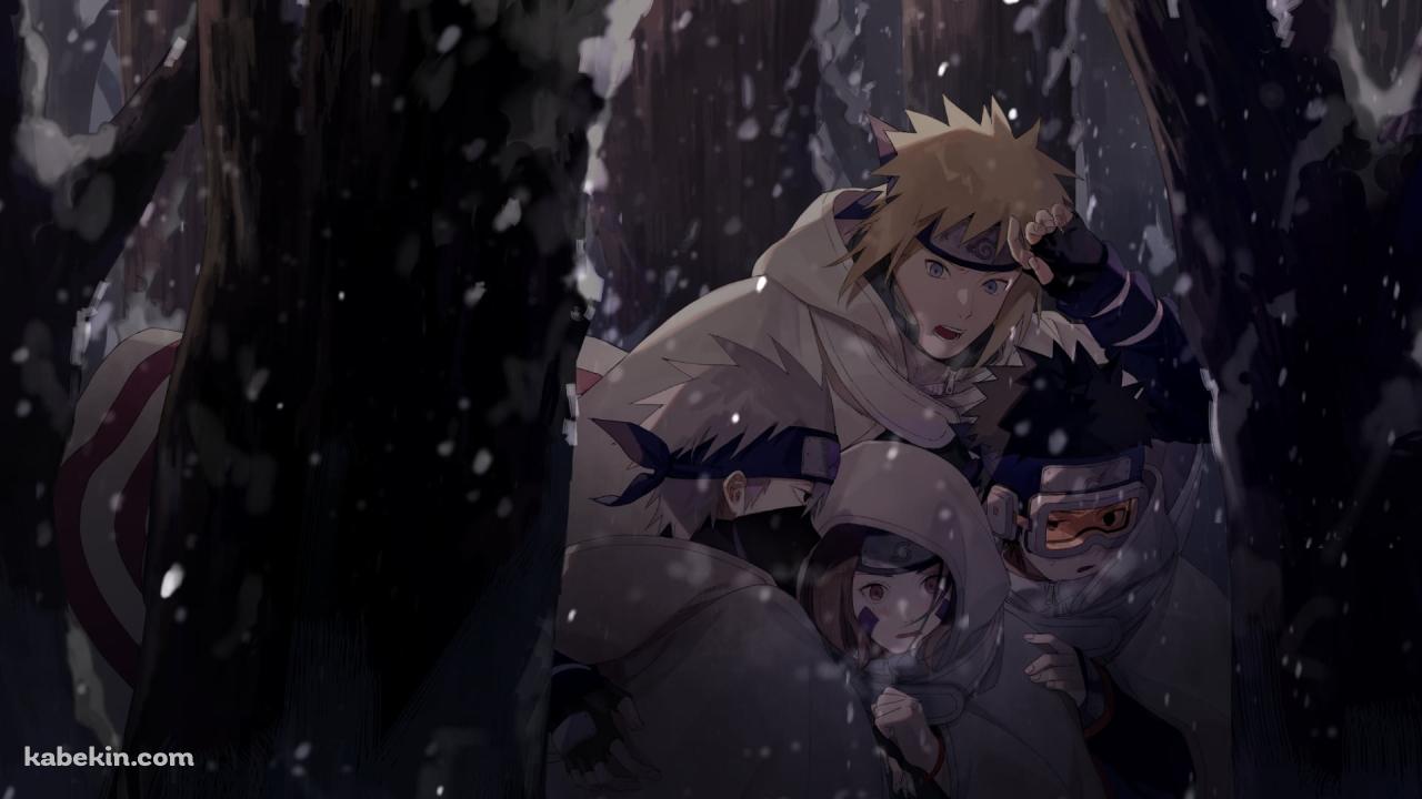 雪が降る中、うずくまる波風ミナト / はたけカカシ / うちはオビト / のはらリン / NARUTOの壁紙(1280px x 720px) 高画質 PC・デスクトップ用