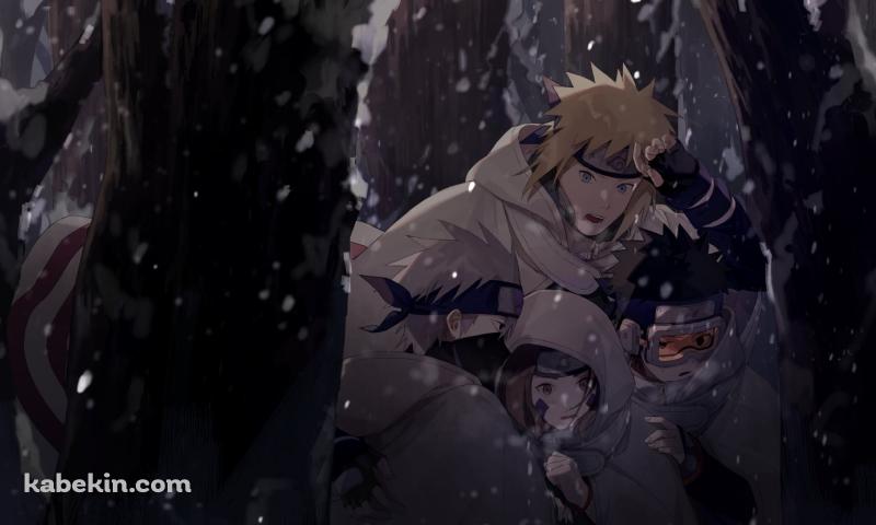 雪が降る中、うずくまる波風ミナト / はたけカカシ / うちはオビト / のはらリン / NARUTOの壁紙(800px x 480px) 高画質 PC・デスクトップ用