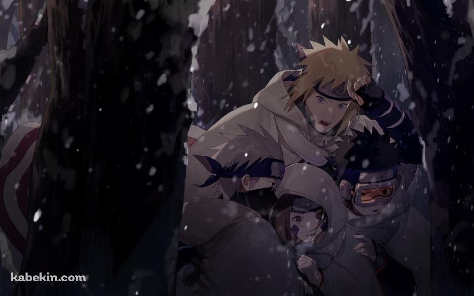 雪が降る中、うずくまる波風ミナト / はたけカカシ / うちはオビト / のはらリン / NARUTOの壁紙(960px x 600px) 高画質 PC・デスクトップ用