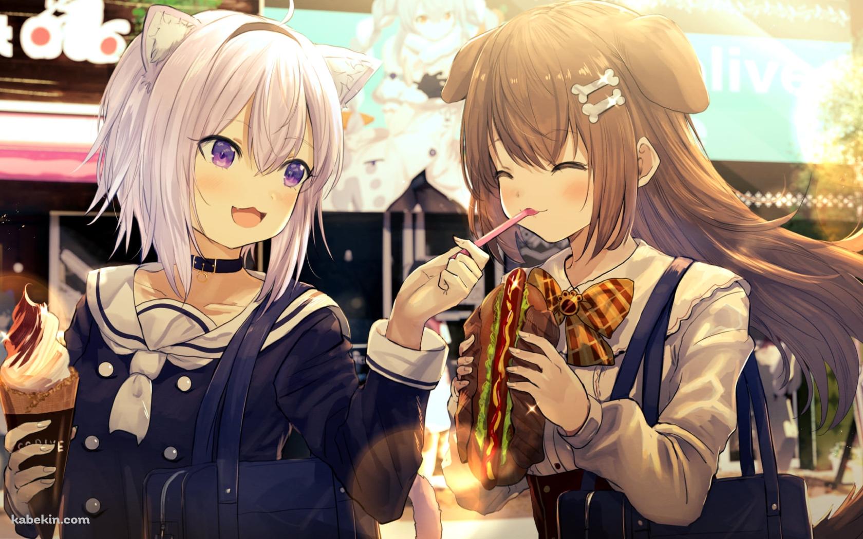 ソフトクリームを持つ猫又おかゆと大きなパンを持つ戌神ころね / ホロライブ / バーチャルYouTuber / Vtuberの壁紙(1680px x 1050px) 高画質 PC・デスクトップ用