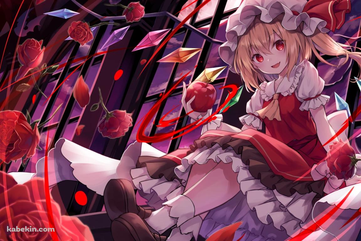 リンゴを持ち微笑むフランドール・スカーレット / 沢山の赤い薔薇 / 東方紅魔郷の壁紙(1152px x 768px) 高画質 PC・デスクトップ用