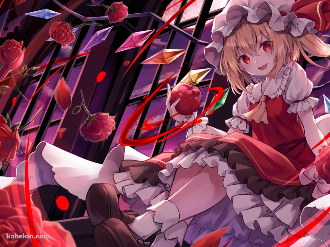リンゴを持ち微笑むフランドール・スカーレット / 沢山の赤い薔薇 / 東方紅魔郷の壁紙(1152px x 864px) 高画質 PC・デスクトップ用