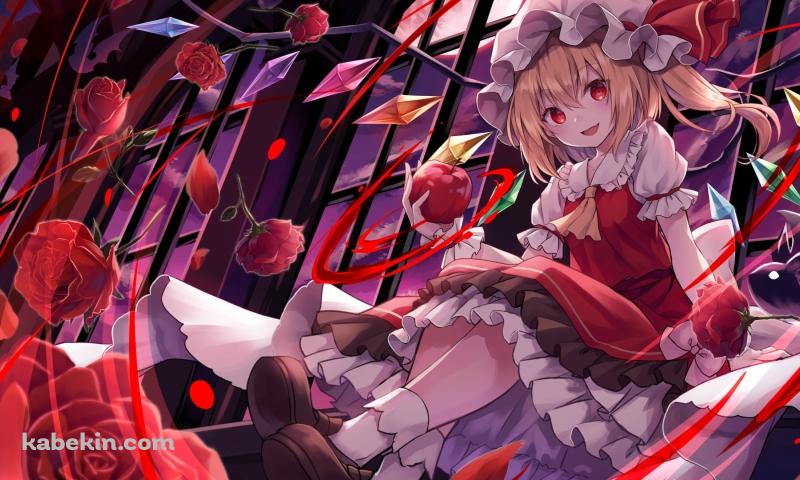 リンゴを持ち微笑むフランドール・スカーレット / 沢山の赤い薔薇 / 東方紅魔郷の壁紙(800px x 480px) 高画質 PC・デスクトップ用