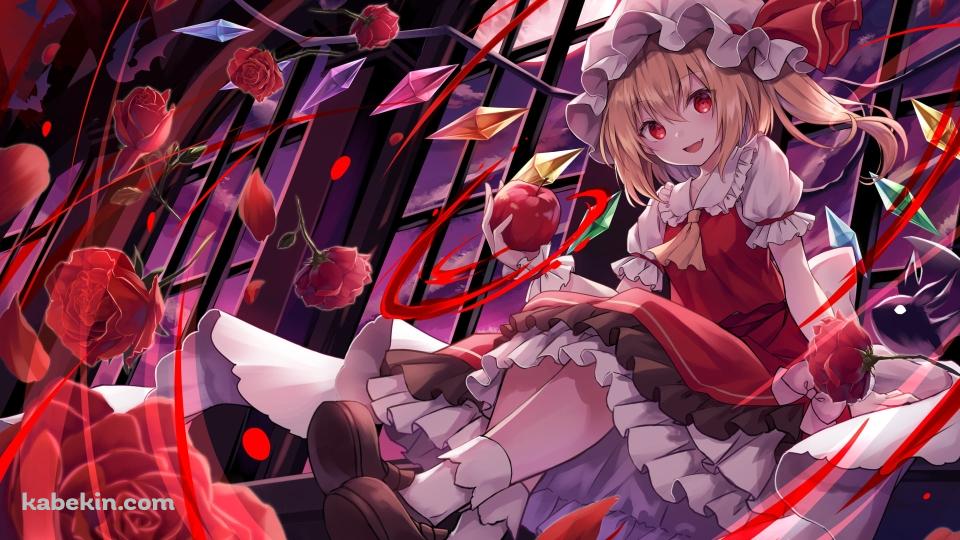 リンゴを持ち微笑むフランドール・スカーレット / 沢山の赤い薔薇 / 東方紅魔郷の壁紙(960px x 540px) 高画質 PC・デスクトップ用