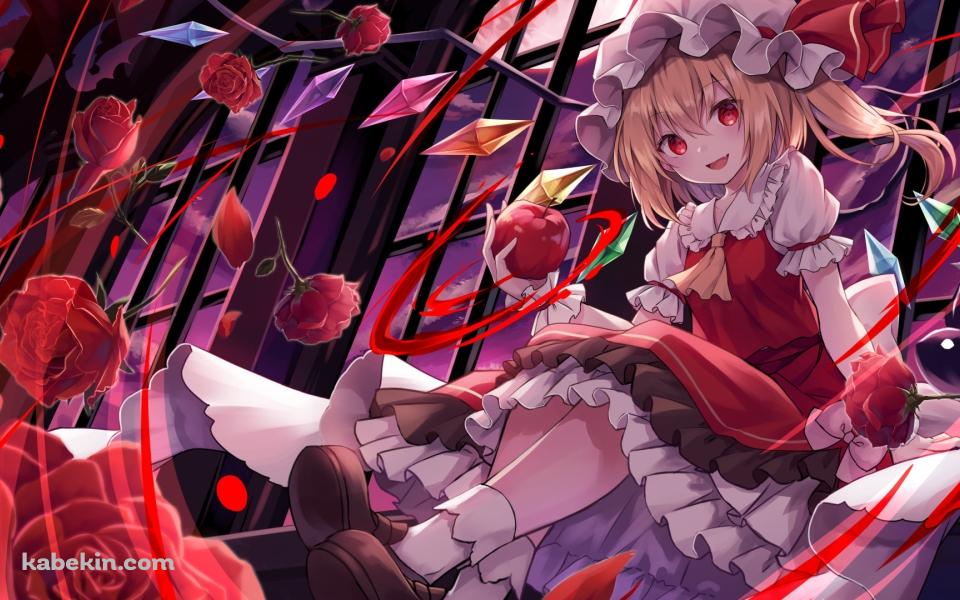リンゴを持ち微笑むフランドール・スカーレット / 沢山の赤い薔薇 / 東方紅魔郷の壁紙(960px x 600px) 高画質 PC・デスクトップ用