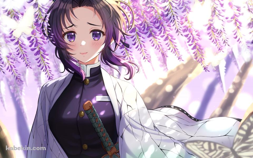 藤の花と可愛い胡蝶しのぶ / アゲハ蝶 / 鬼滅の刃の壁紙(960px x 600px) 高画質 PC・デスクトップ用