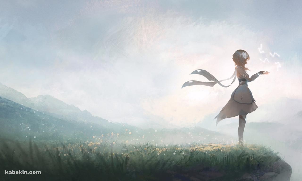黄色い花が咲く草原に立つ蛍 / 原神の壁紙(1280px x 768px) 高画質 PC・デスクトップ用