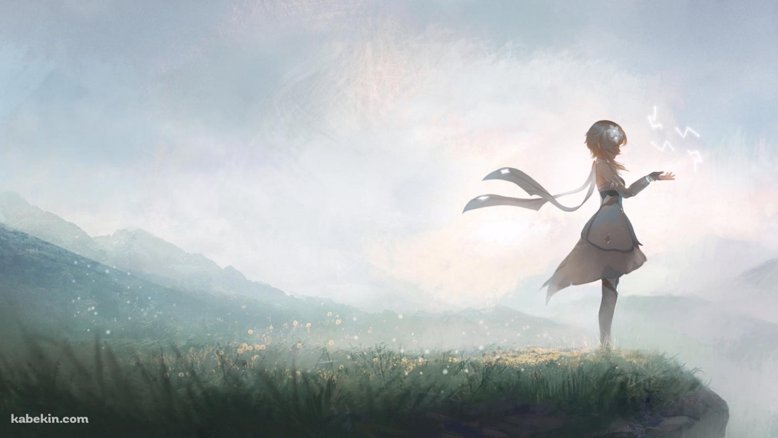 黄色い花が咲く草原に立つ蛍 / 原神の壁紙(1536px x 864px) 高画質 PC・デスクトップ用