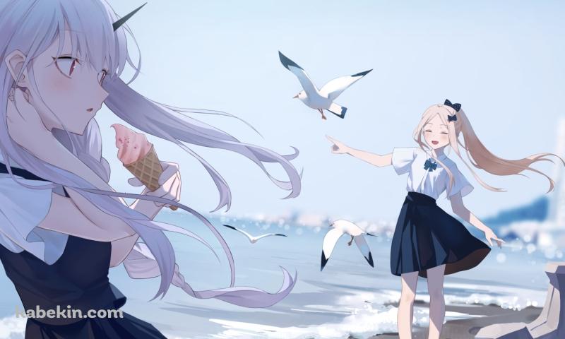 苺のソフトクリームを食べるラヴィニア・ウェイトリーと笑うアビゲイル・ウィリアムズ / カモメ / 高波 / fate/grand orderの壁紙(800px x 480px) 高画質 PC・デスクトップ用