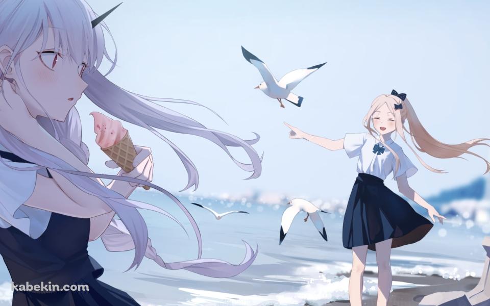 苺のソフトクリームを食べるラヴィニア・ウェイトリーと笑うアビゲイル・ウィリアムズ / カモメ / 高波 / fate/grand orderの壁紙(960px x 600px) 高画質 PC・デスクトップ用