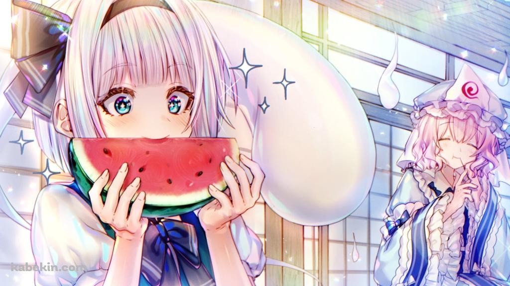 スイカを食べる魂魄妖夢 / 西行寺幽々子 / 半霊 / 東方の壁紙(1024px x 576px) 高画質 PC・デスクトップ用