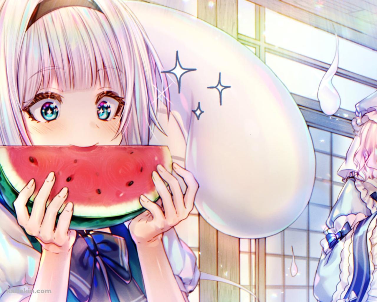 スイカを食べる魂魄妖夢 / 西行寺幽々子 / 半霊 / 東方の壁紙(1280px x 1024px) 高画質 PC・デスクトップ用