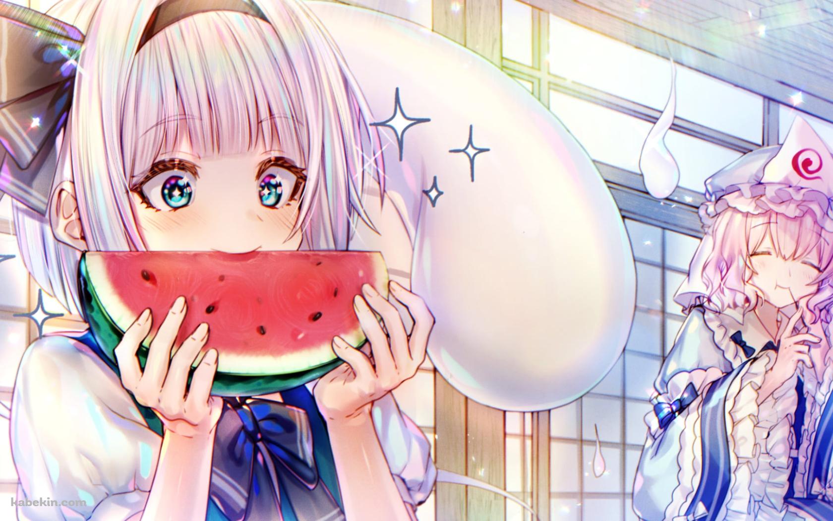 スイカを食べる魂魄妖夢 / 西行寺幽々子 / 半霊 / 東方の壁紙(1680px x 1050px) 高画質 PC・デスクトップ用