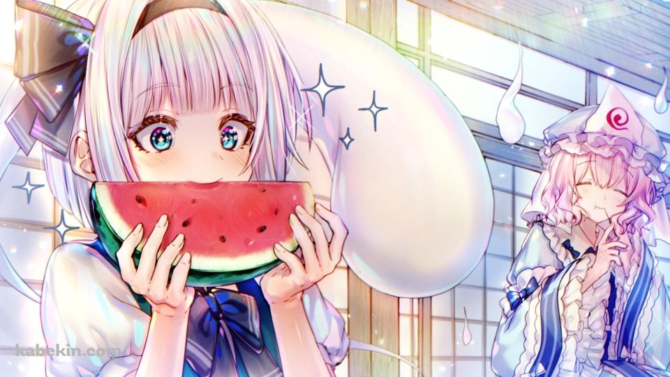 スイカを食べる魂魄妖夢 / 西行寺幽々子 / 半霊 / 東方の壁紙(960px x 540px) 高画質 PC・デスクトップ用