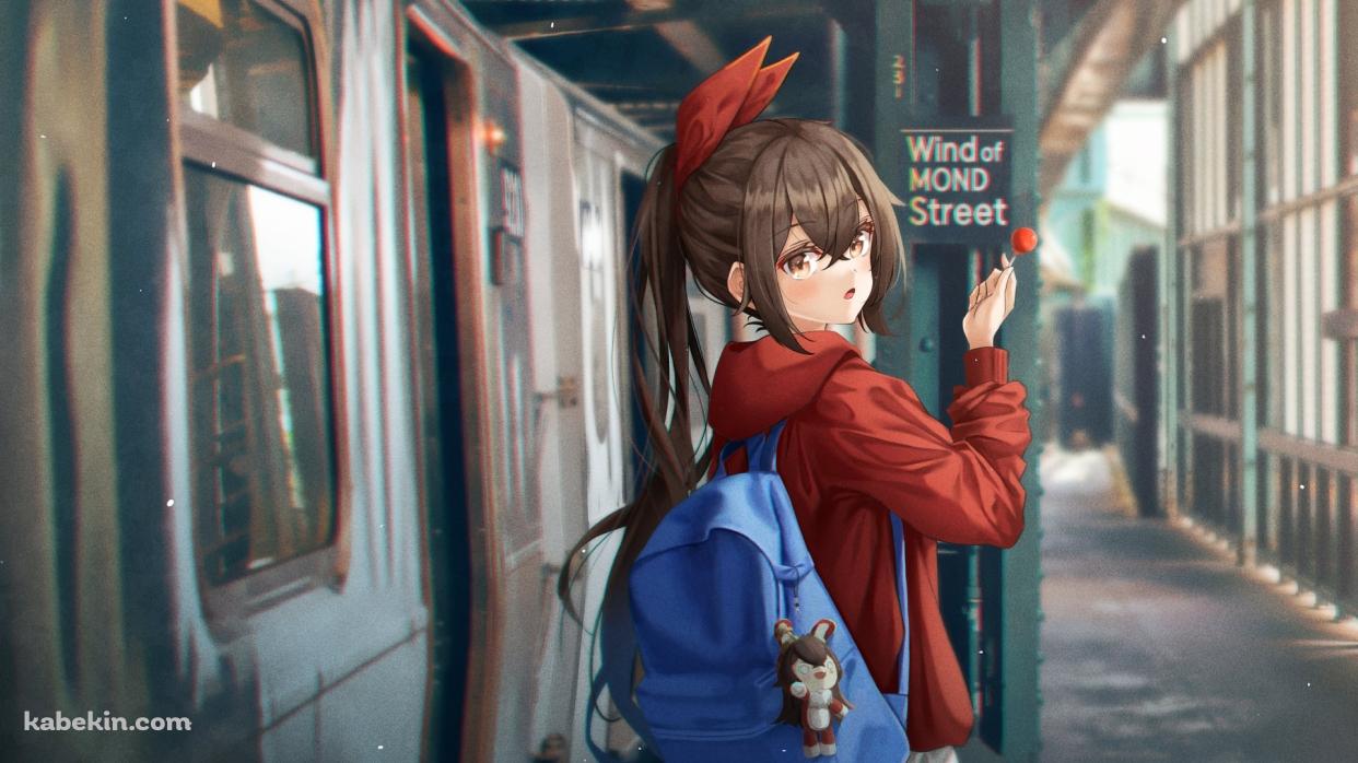 青いリュックを背負った可愛いアンバー / 電車 / 原神の壁紙(1242px x 698px) 高画質 PC・デスクトップ用
