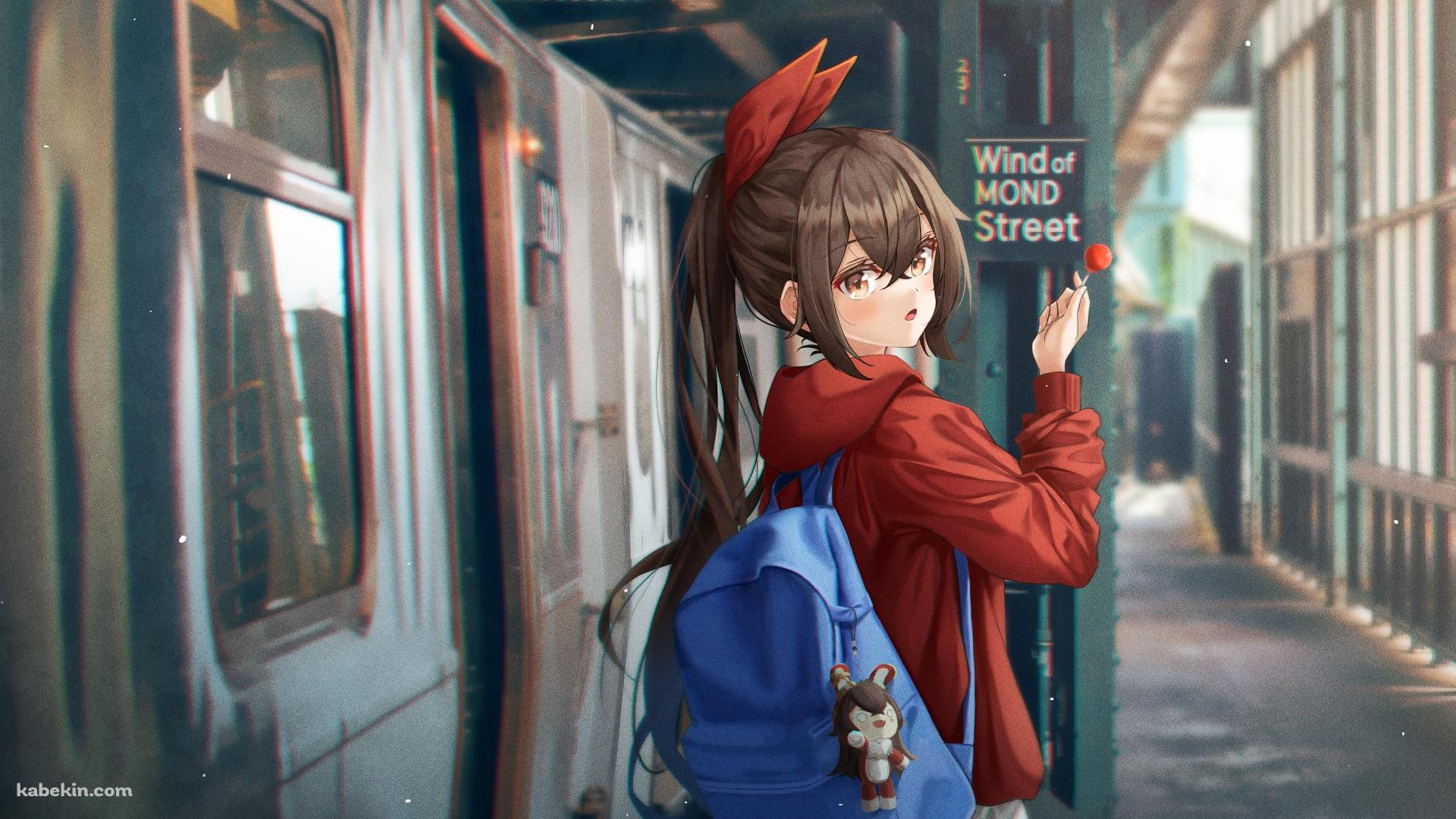 青いリュックを背負った可愛いアンバー / 電車 / 原神の壁紙(1920px x 1080px) 高画質 PC・デスクトップ用