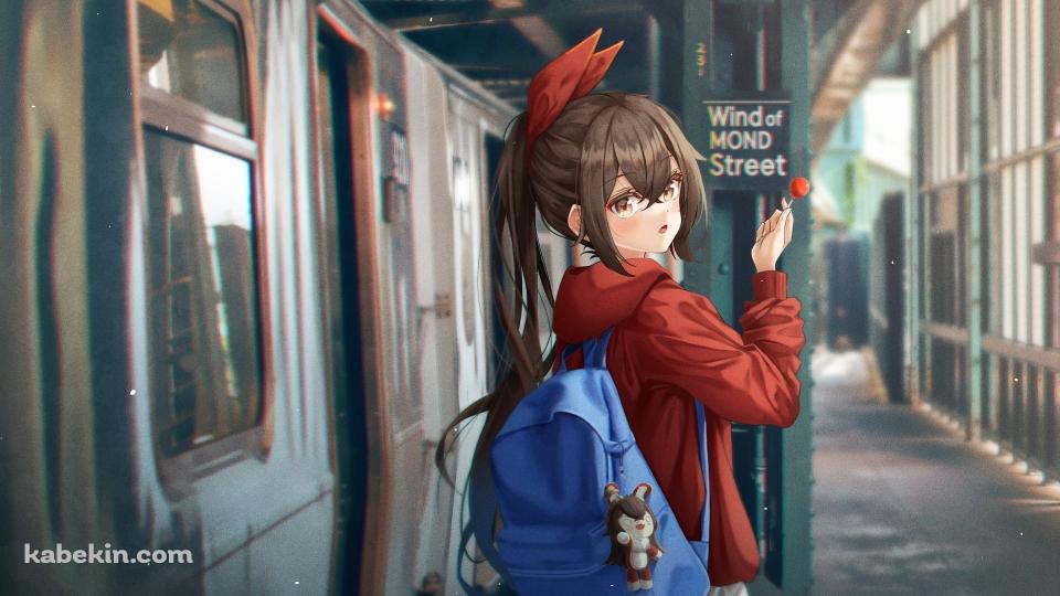 青いリュックを背負った可愛いアンバー / 電車 / 原神の壁紙(960px x 540px) 高画質 PC・デスクトップ用