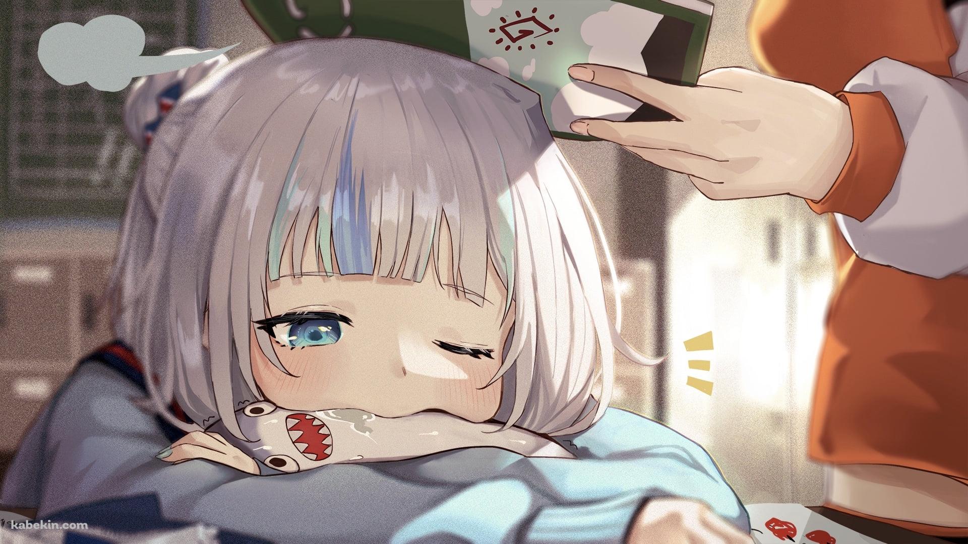 教科書で頭を叩かれるブループを咥えて居眠りしているがうる・ぐら / ホロライブ / バーチャルYouTuber / Vtuberの壁紙(1920px x 1080px) 高画質 PC・デスクトップ用