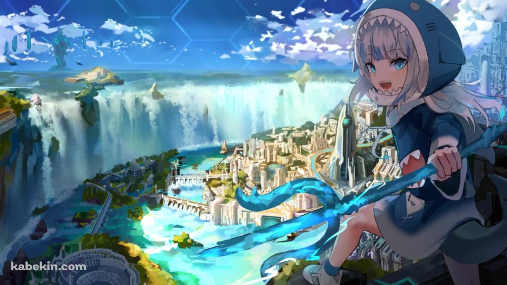水が豊かな街と三つ又の鉾を持つがうる・ぐら / ホロライブ / バーチャルYouTuber / Vtuberの壁紙(1024px x 576px) 高画質 PC・デスクトップ用