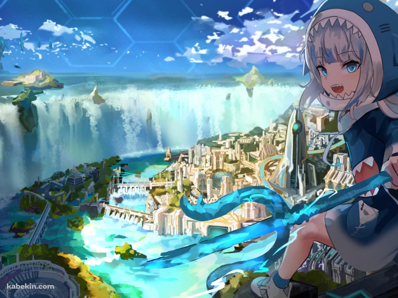 水が豊かな街と三つ又の鉾を持つがうる・ぐら / ホロライブ / バーチャルYouTuber / Vtuberの壁紙(1280px x 960px) 高画質 PC・デスクトップ用