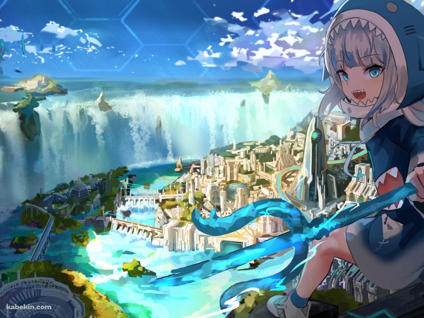 水が豊かな街と三つ又の鉾を持つがうる・ぐら / ホロライブ / バーチャルYouTuber / Vtuberの壁紙(1440px x 1080px) 高画質 PC・デスクトップ用
