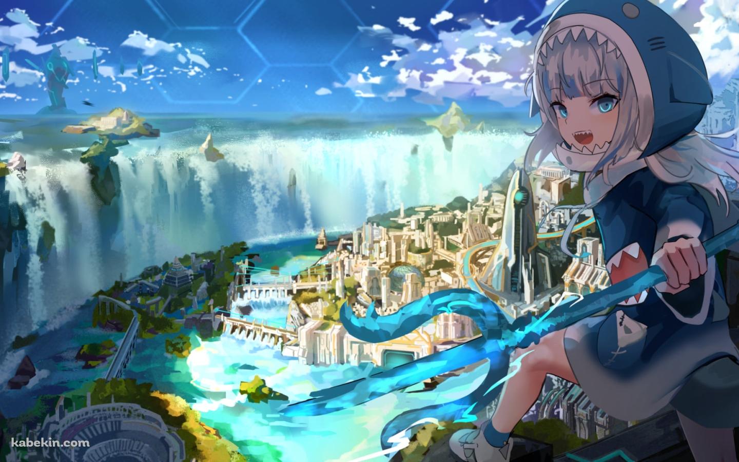 水が豊かな街と三つ又の鉾を持つがうる・ぐら / ホロライブ / バーチャルYouTuber / Vtuberの壁紙(1440px x 900px) 高画質 PC・デスクトップ用