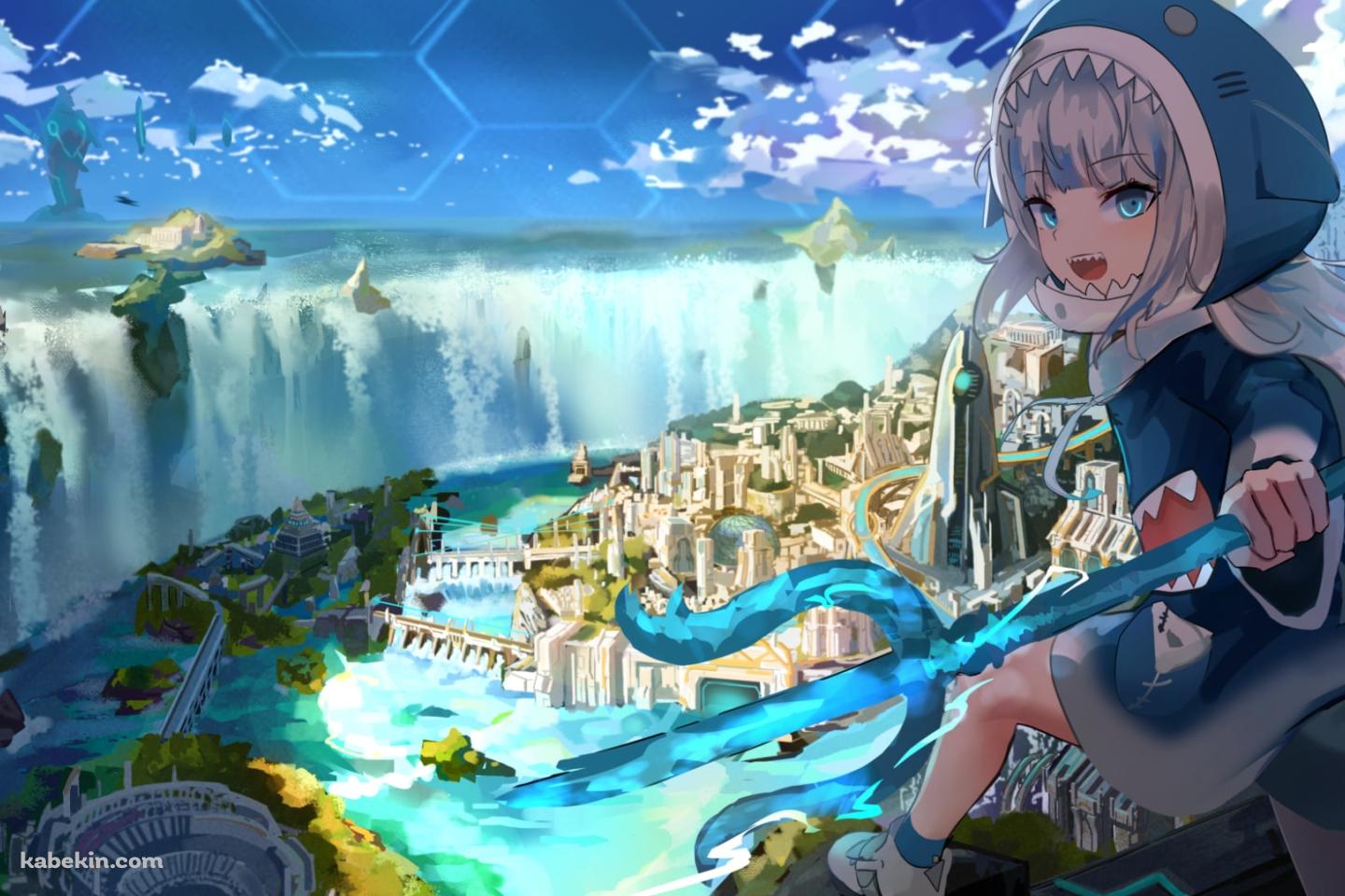水が豊かな街と三つ又の鉾を持つがうる・ぐら / ホロライブ / バーチャルYouTuber / Vtuberの壁紙(1440px x 960px) 高画質 PC・デスクトップ用