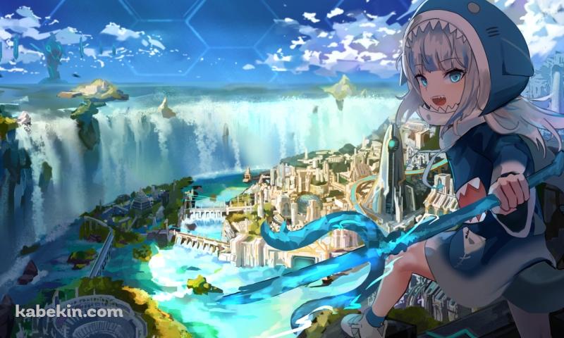 水が豊かな街と三つ又の鉾を持つがうる・ぐら / ホロライブ / バーチャルYouTuber / Vtuberの壁紙(800px x 480px) 高画質 PC・デスクトップ用