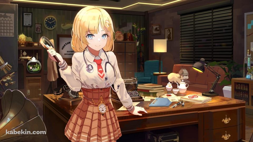 虫眼鏡を持つワトソン・アメリア / 顕微鏡 / 蓄音機 / 懐中時計 / ホロライブ / バーチャルYouTuber / Vtuberの壁紙(960px x 540px) 高画質 PC・デスクトップ用