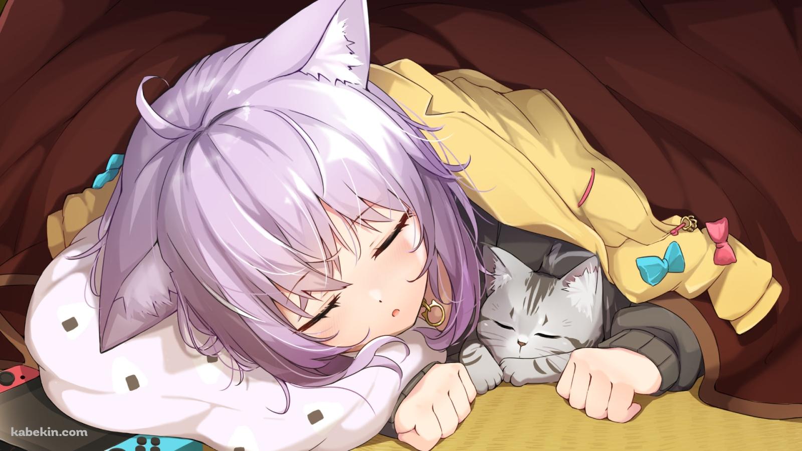 コタツで猫と眠る猫又おかゆ / ホロライブ / バーチャルYouTuber / Vtuberの壁紙(1600px x 900px) 高画質 PC・デスクトップ用