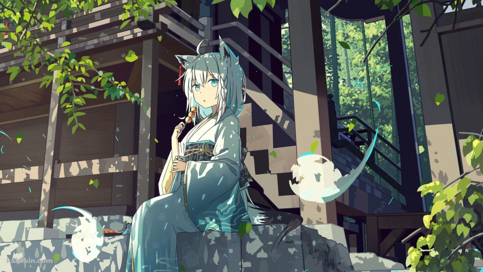 外でお団子を食べる可愛い白上フブキ / ホロライブ / バーチャルYouTuber / Vtuberの壁紙(1600px x 900px) 高画質 PC・デスクトップ用