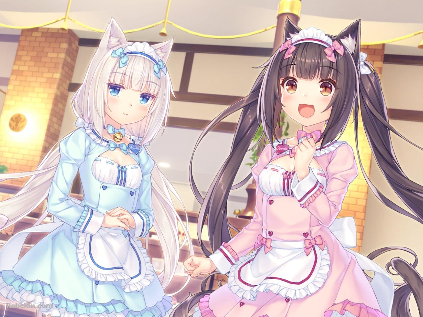 メイド姿の可愛いバニラとショコラ / neko paradise / ネコぱらの壁紙(1400px x 1050px) 高画質 PC・デスクトップ用