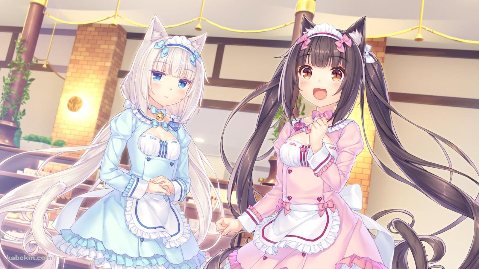 メイド姿の可愛いバニラとショコラ / neko paradise / ネコぱらの壁紙(1600px x 900px) 高画質 PC・デスクトップ用