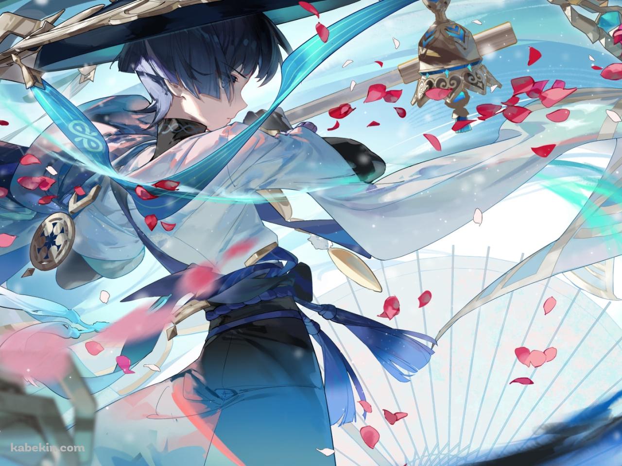 武器をかまえるかっこいいスカラマシュ / 放浪者 / ピンクの花びら / 原神の壁紙(1280px x 960px) 高画質 PC・デスクトップ用